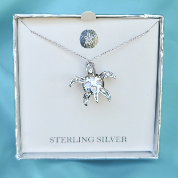 Sterling Silver Rhinestone Freshwater Cultured Pearl Sea Turtle Pendant Necklace - Picture 2 of 5